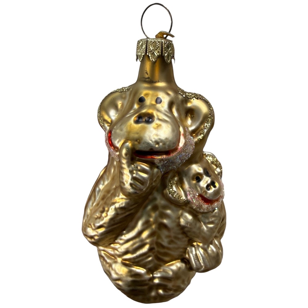 Discovery Store Gold Monkey Holding Baby Glass Ornament Christmas Tree Decor